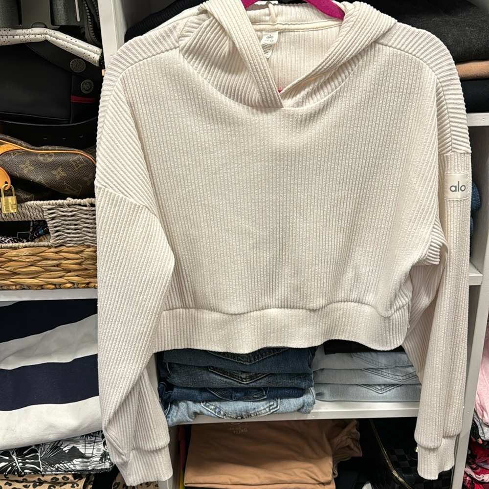 Alo Yoga Muse Ribbed Crop Hoodie Size XS Oversized Ivory Athleisure Sweatshirt